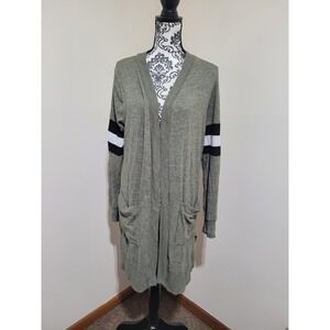 Daytrip Womens Longline Cardigan Sweater Olive Green Varsity Stripe Large